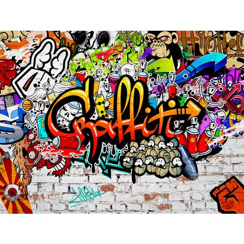 Моющиеся виниловые фотообои GrandPiK В стиле граффити. Graffiti на кирпичной стене, 400х300 см