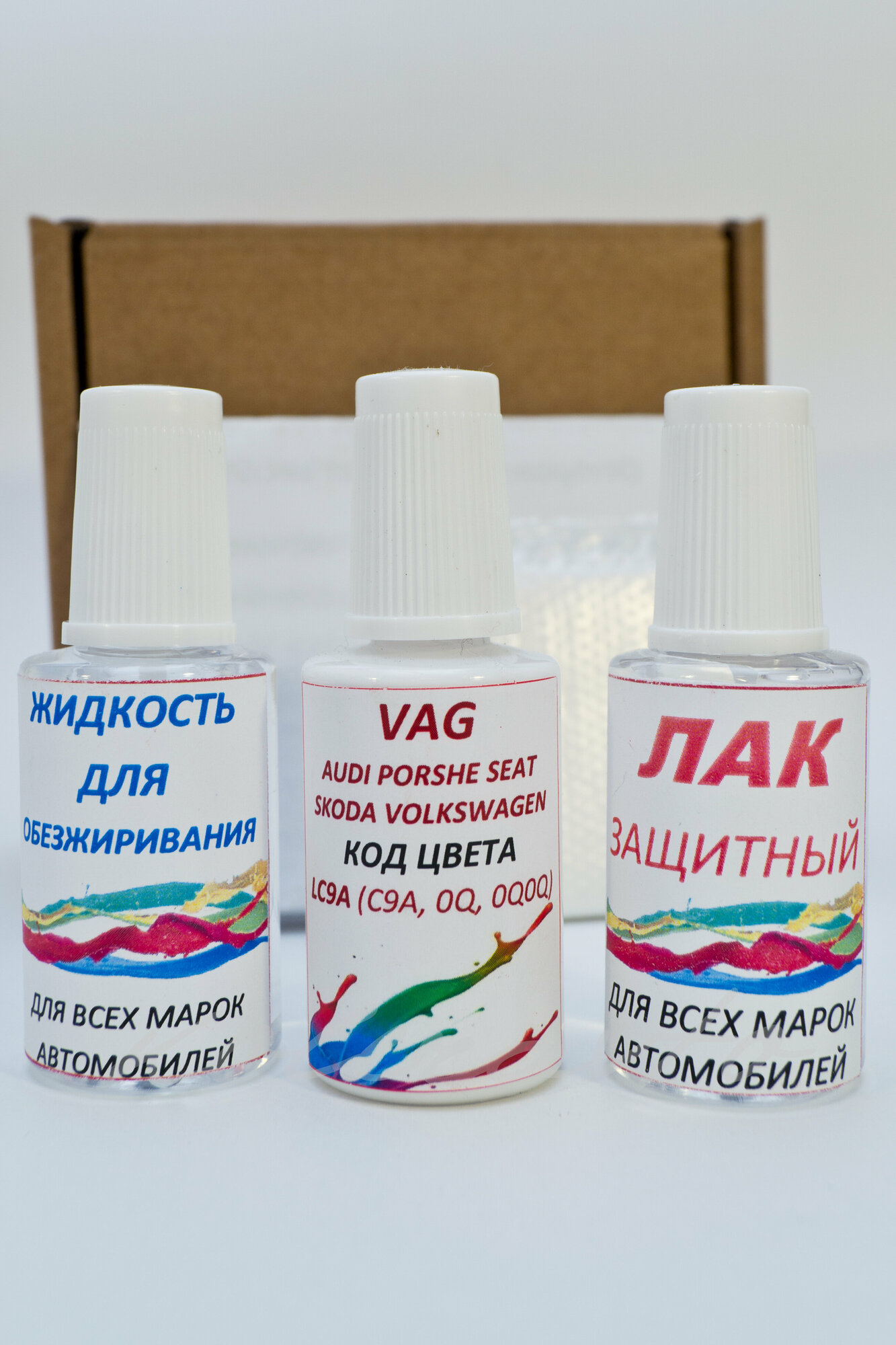 фото Подкраска для сколов во флаконе с кисточкой LC9A (C9A, 0Q, 0Q0Q) для VAG Белый, Pure White, краска+лак+обезжириватель 3 предмета