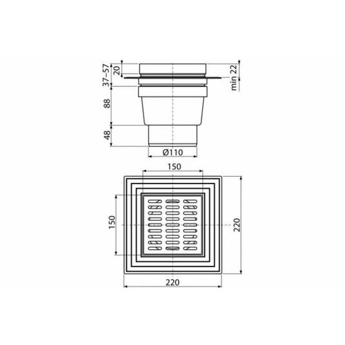 Alca Plast Трап рег верт/вып гидр/затв Дн110 нерж 150х150мм APV13 004-0790