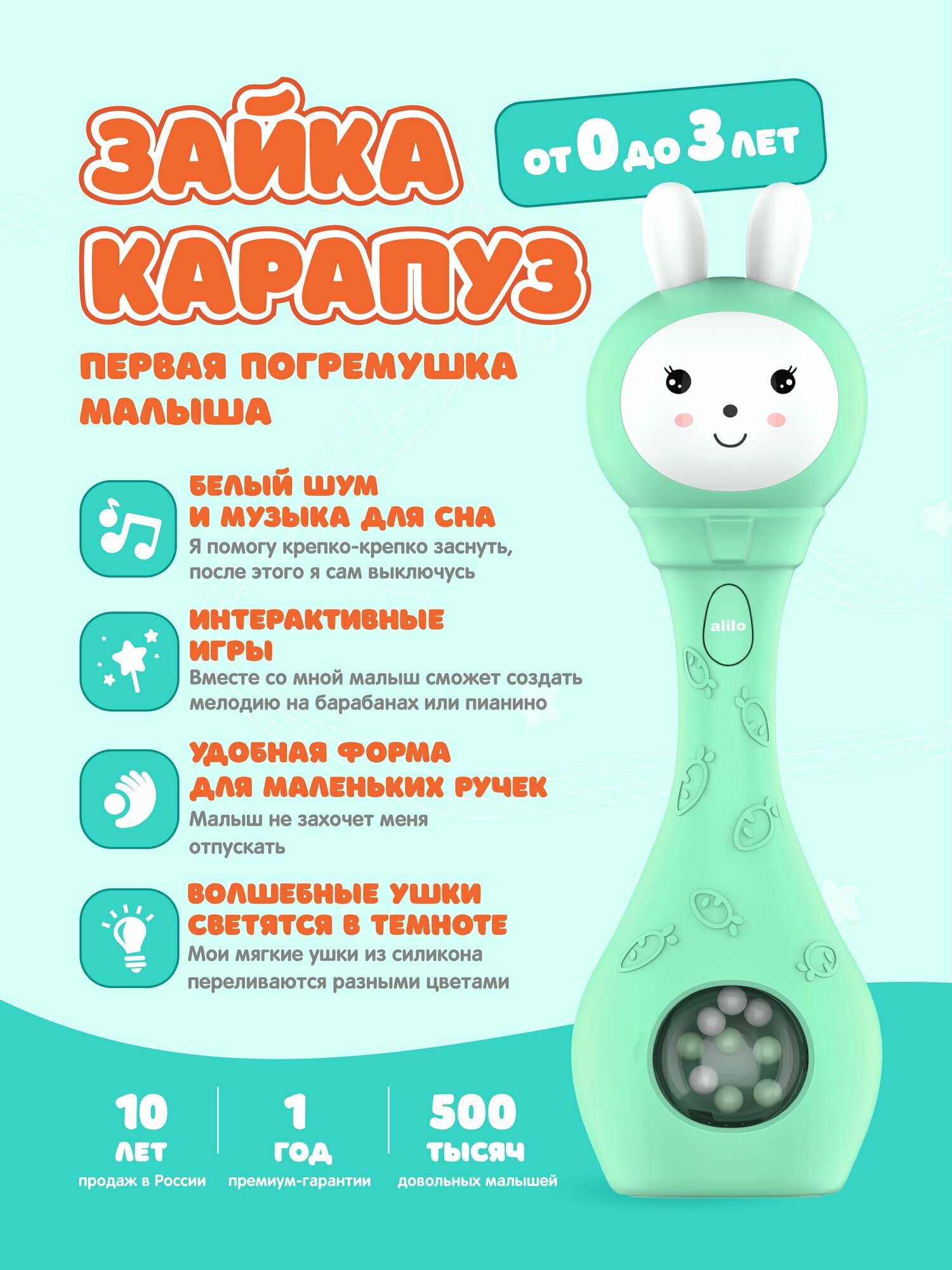 Музыкальная погремушка игрушка Зайка-Карапуз alilo для новорождённых 0+, белый шум