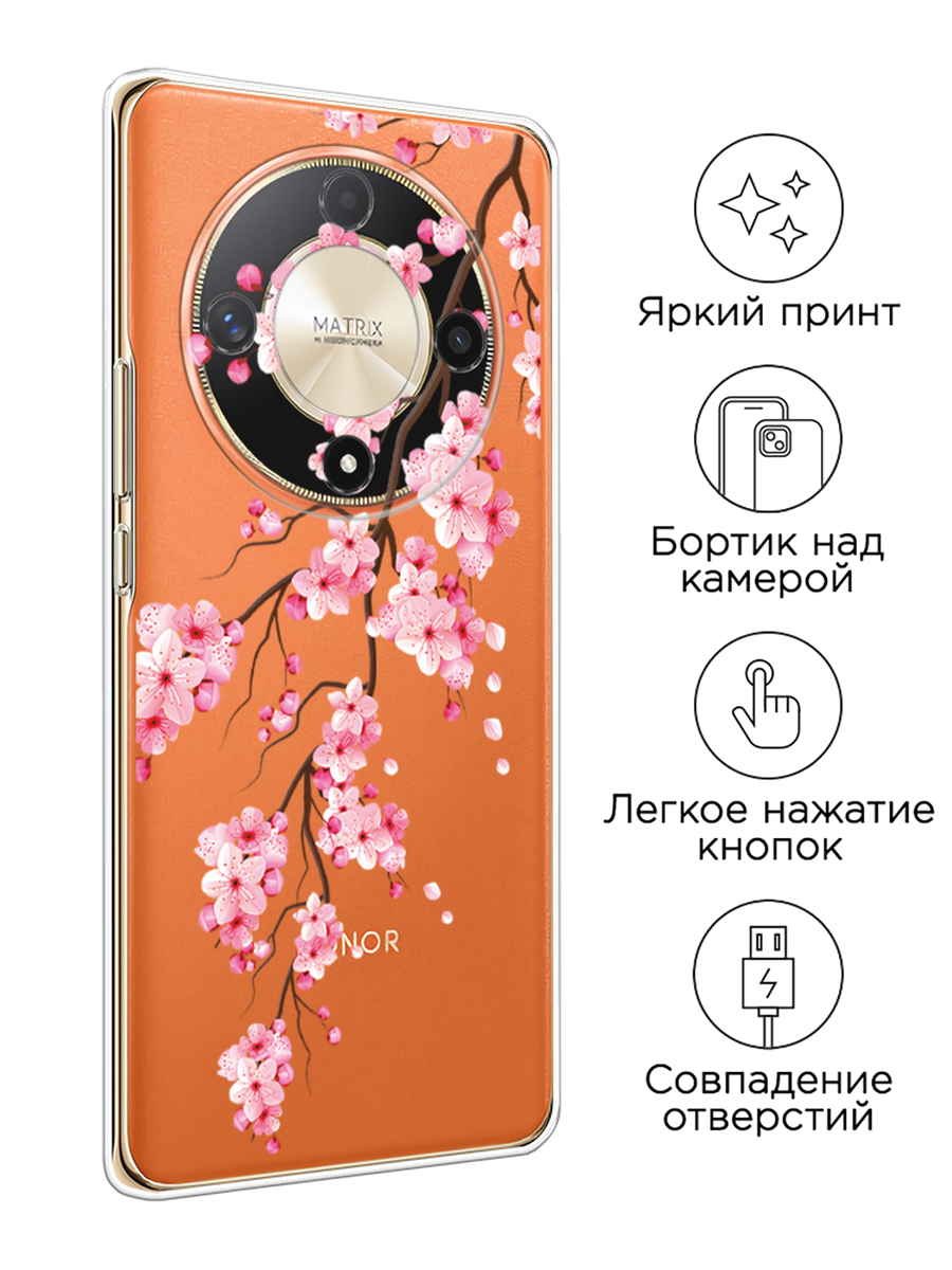 Чехол на Honor X9B / Хонор X9B с принтом Розовая сакура, прозрачный — фото 1