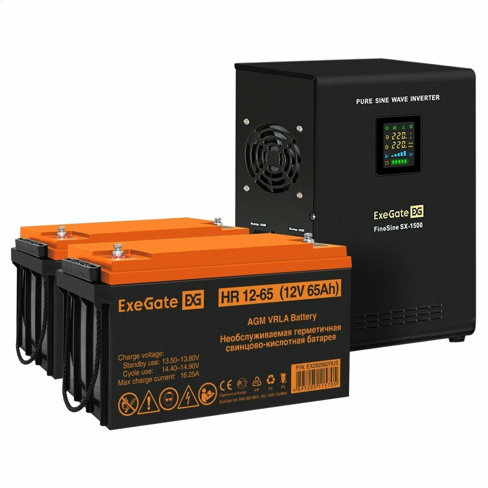 Комплект ИБП ExeGate FineSine SX-1500. LCD. AVR.2SH + Батарея 65Aч, 2 шт. (ИБП + АКБ
