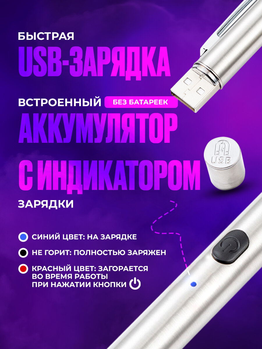 Ультрафиолетовый фонарик с магнитом и USB, фонарик для маникюра или проверки, серый — фото 1