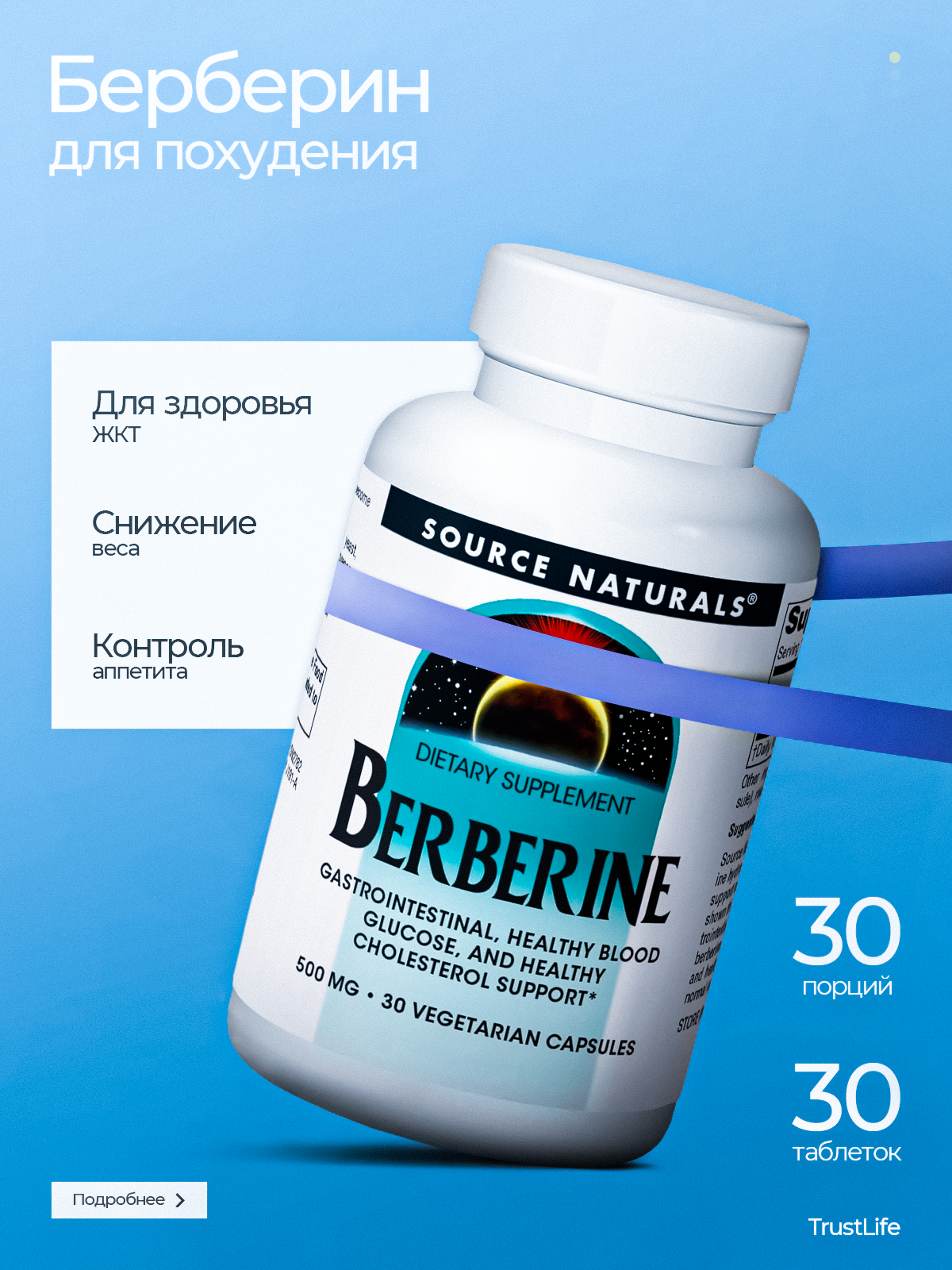 Берберин Source Naturals, 30 капсул, для похудения/сушки, США