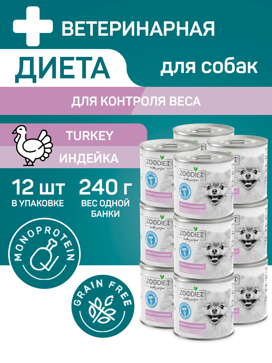 Влажный диетический корм для собак Zoodiet (Зоодиет) Weight Management Turkey/Индейка(контроль веса) 240 г х 12 шт.