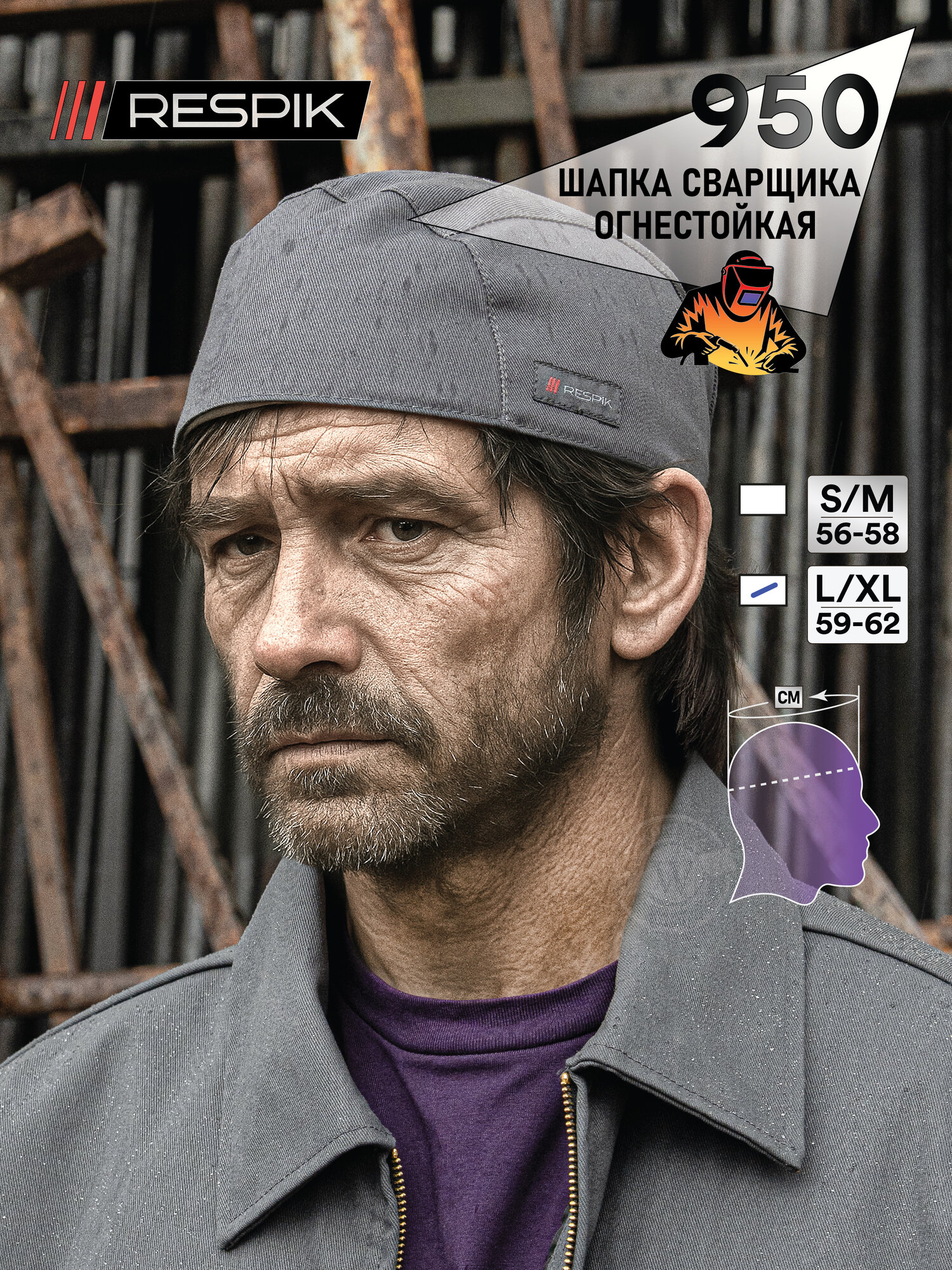 Шапка сварщика RESPIK 950 летняя - колпак размер L/XL серая летняя под каску и маску (3M 954410)