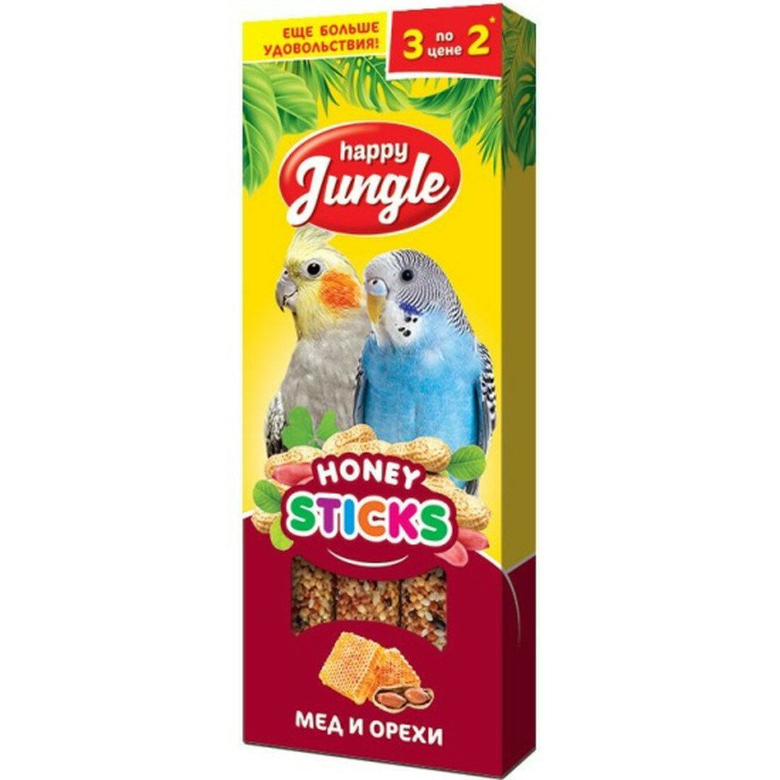 Палочки Happy Jungle для всех видов птиц с медом и орехами 90г 3шт