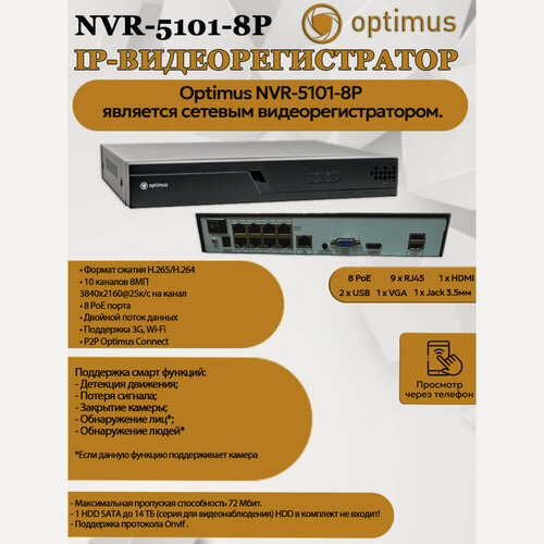 Изображение товара IP-видеорегистратор Optimus NVR-5101-8P 10 IP камеры 8МП + 8 PoE 3840х2160 25к/с на канал H.265 черный