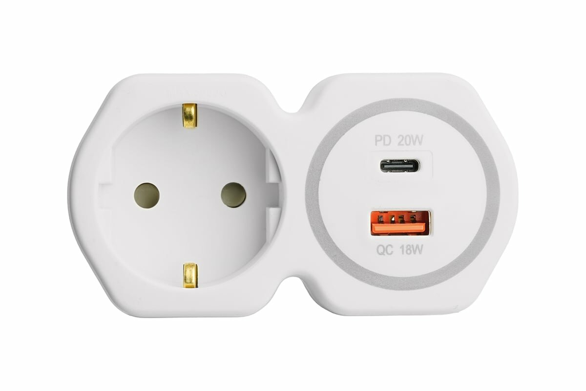 Разветвитель сетевой на 1 выход напряжение сети 250В usb A +Type C цвет белый/серый