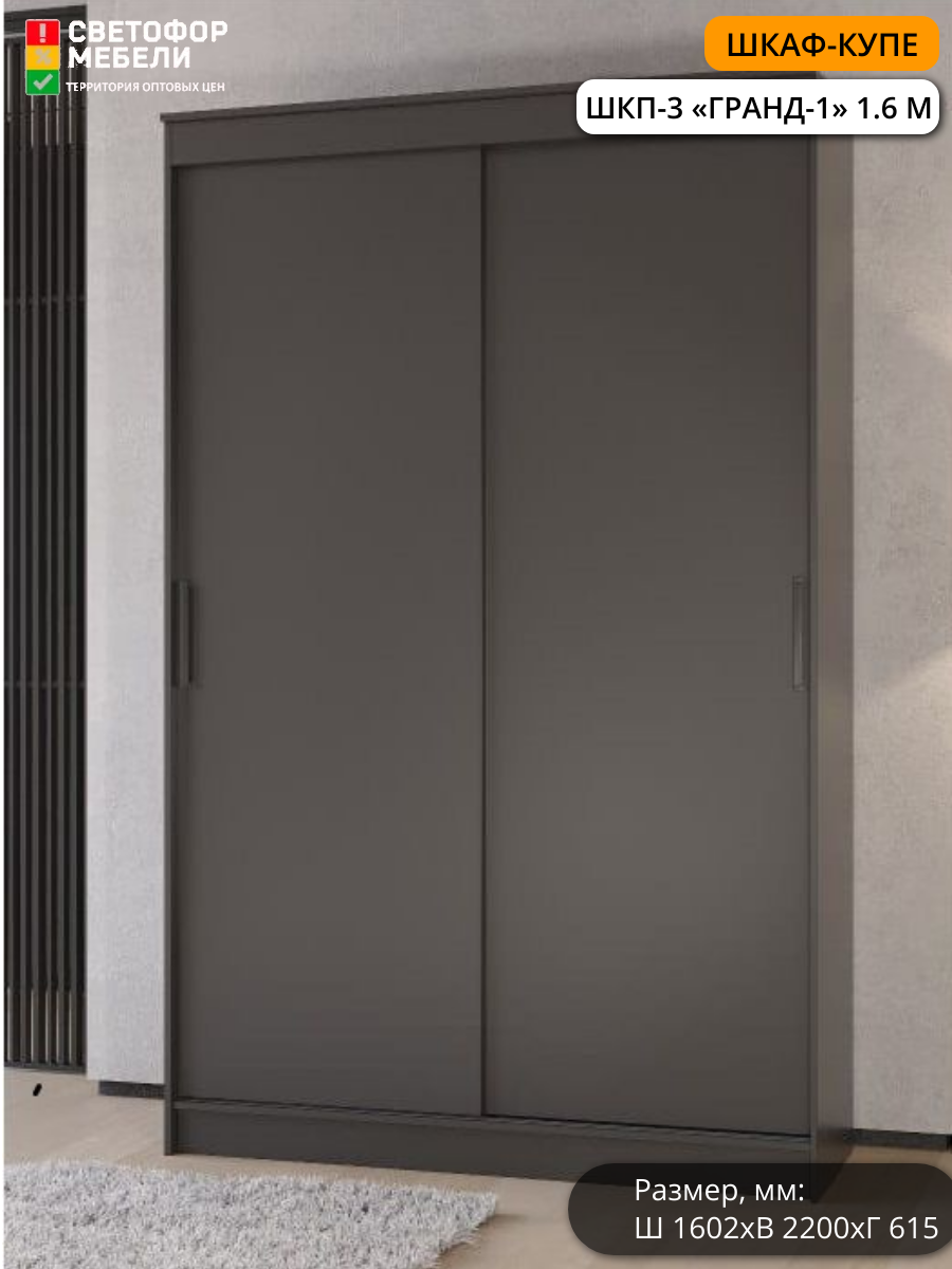Шкаф-купе Мебельный рай ШКП 3 Гранд 1 1602х2200х615, Графит
