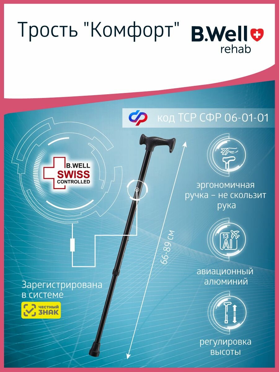 Трость опорная BWell WR416 для пожилых для ходьбы телескопическая