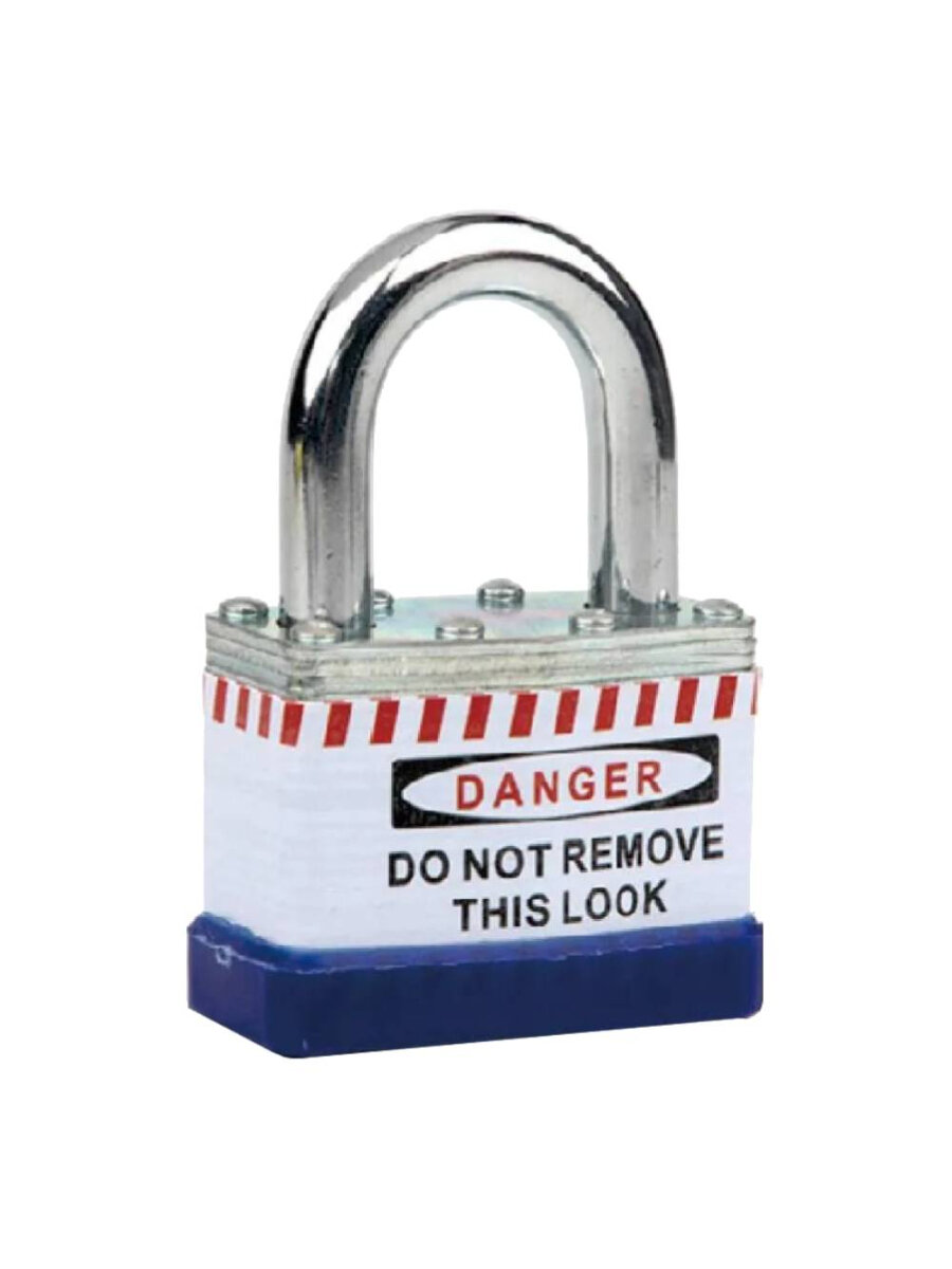 Замок блокировочный ламинированный, пиновый цилиндр, стальная дужка, высота дужки 38 мм, корпус 34×43 мм, синий цвет