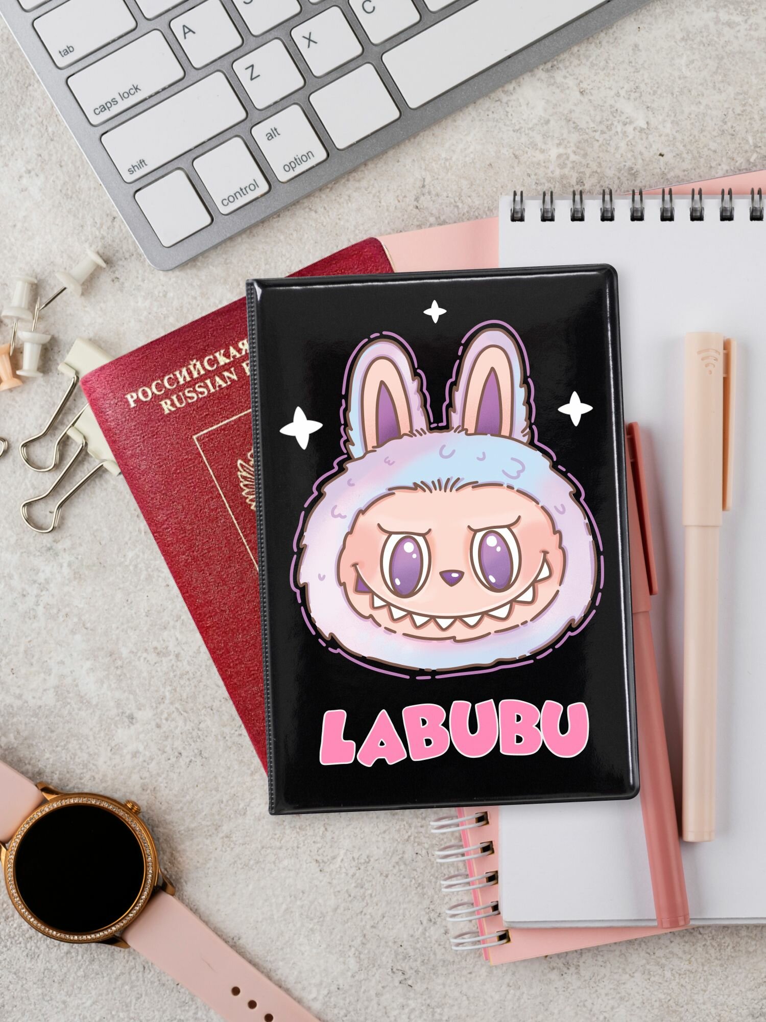 Обложка для паспорта Crazy Getup, розовый, черный, голубой — фото 1