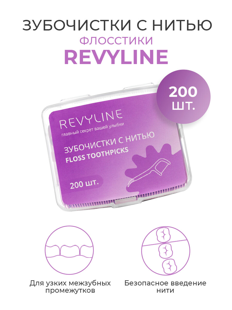 Флосстик Revyline, с нитью, для чистки зубов, 200 штук, фиолетовый