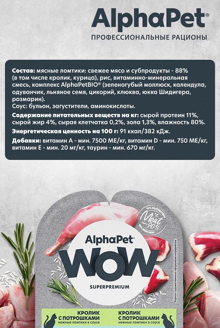 Влажный корм AlphaPet WOW пауч для кошек с чувствительным пищеварением (ломтики в соусе) Кролик и потрошки, 80 г х 15 шт — фото 1