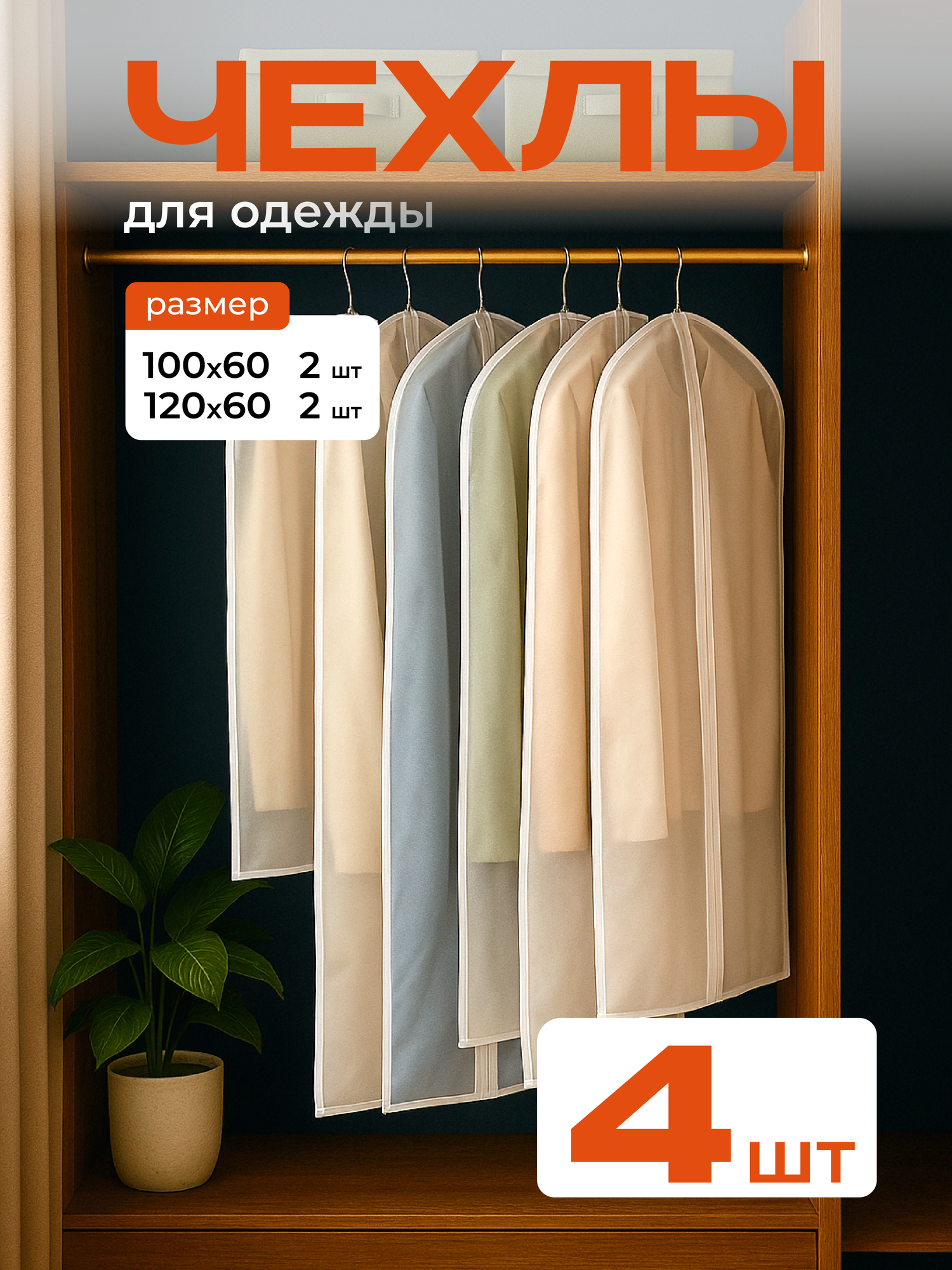 Чехлы для одежды и вещей полимерные на молнии прозрачные 4шт (60х120 см и 60х100 см)