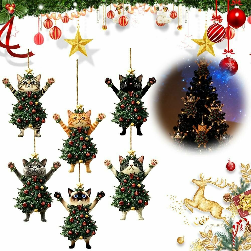 6/12/24 шт. 2D подвеска в виде рождественского кота из дерева, праздничные украшения, интерьер автомобиля