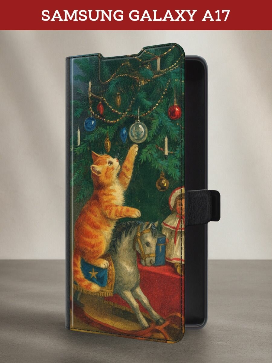 Чехол-книжка на Samsung Galaxy A17 / Самсунг А17 с рисунком Котик тянеться к игрушке, черный