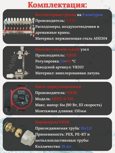 Изображение товара Комплект теплого пола на 9 выходов VIEIR (Коллектор на 9 контуров+Насос+Евроконусы+НСУ)под трубу 16мм со стенкой 2,0мм