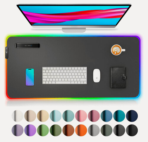 Изображение товара Коврик для мыши и клавиатуры с RGB подсветкой 40 см х 80 см , защитный, большой, водонепроницаемый, кожаный, темно-серый