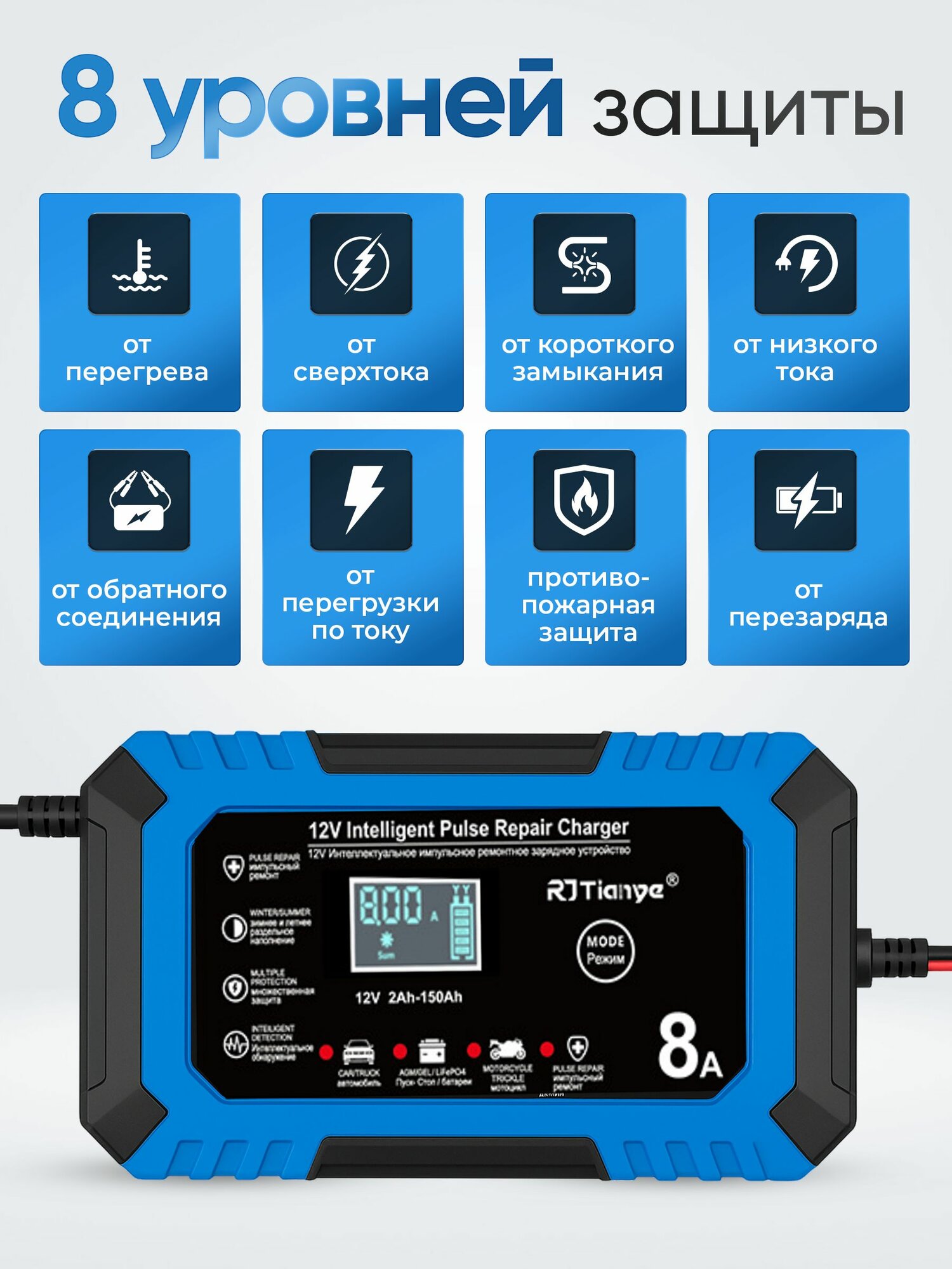 Зарядное устройство для аккумуляторов автомобиля и мотоцикла 8А — фото 1