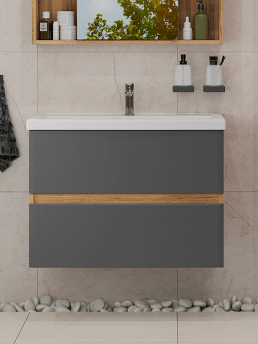 Изображение товара Тумба подвесная SanStar Graffa 100 с раковиной Фостер 100 (комплект) для ванной комнаты Дуб вотан, графит софт