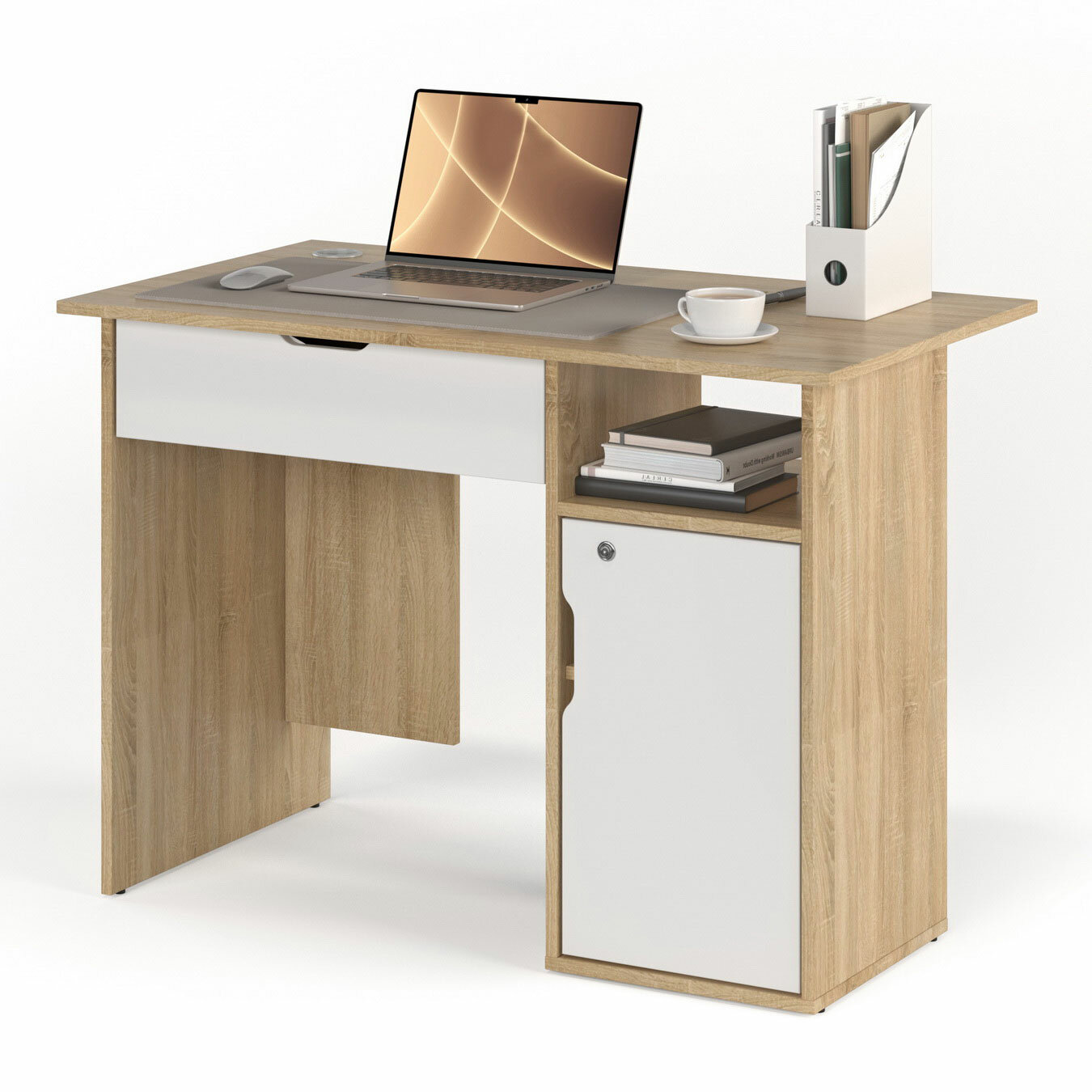 Письменный стол с широким ящиком и дверцей с замком 107х60 см. МагМебель №61Я тумба справа дуб сонома + белый