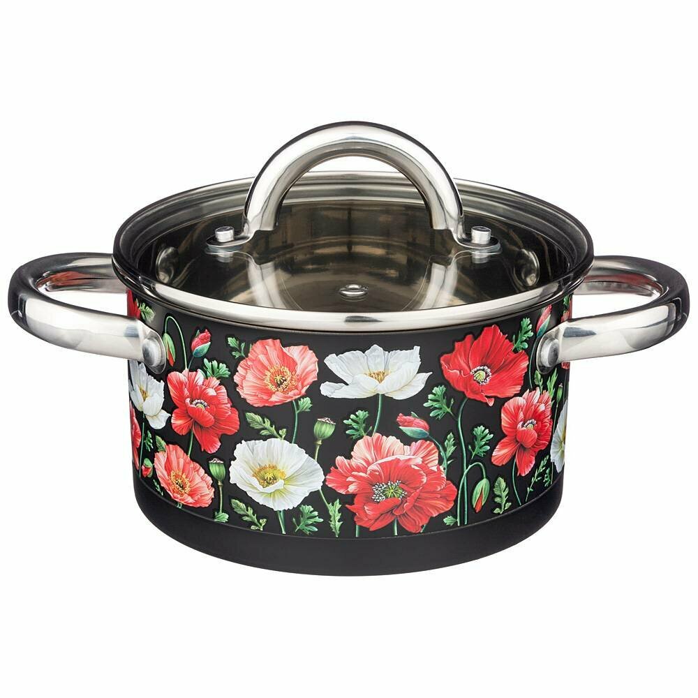 Кастрюля agness маки со стеклянной крышкой нерж. сталь 18л 16х9 см KSG-916-305