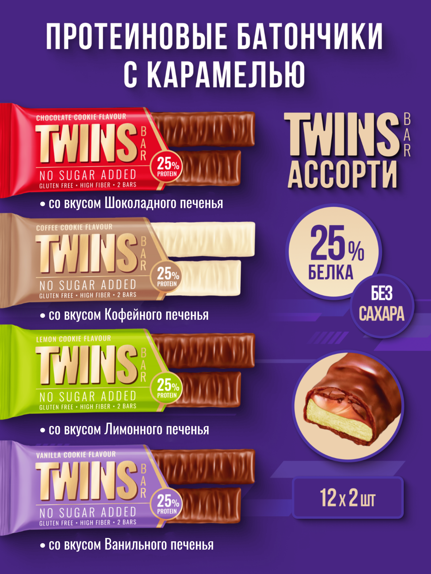 Протеиновые батончики без сахара TWINS BAR ассорти, 12 шт