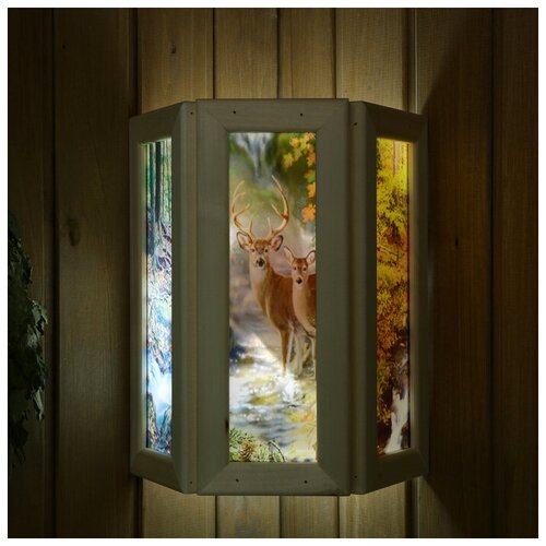 Добропаровъ Абажур деревянный Олени со вставками из стекла с УФ печатью, 33х29х16см