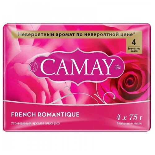 фото Мыло кусковое Camay French Romantique с ароматом алых роз, 4 шт., 75 г