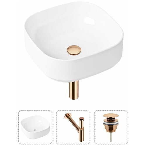 Накладная раковина в ванную Lavinia Boho Bathroom Sink Slim 21520258 в комплекте 3 в 1: умывальник белый, донный клапан и сифон в цвете розовое золото