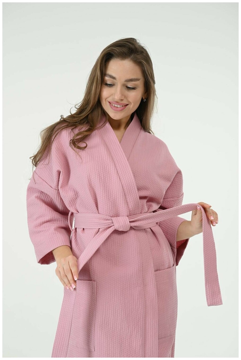 Вафельный халат Кимоно унисекс "Ромбы", пудрово-розовый. Размер 50-52 - фотография № 8