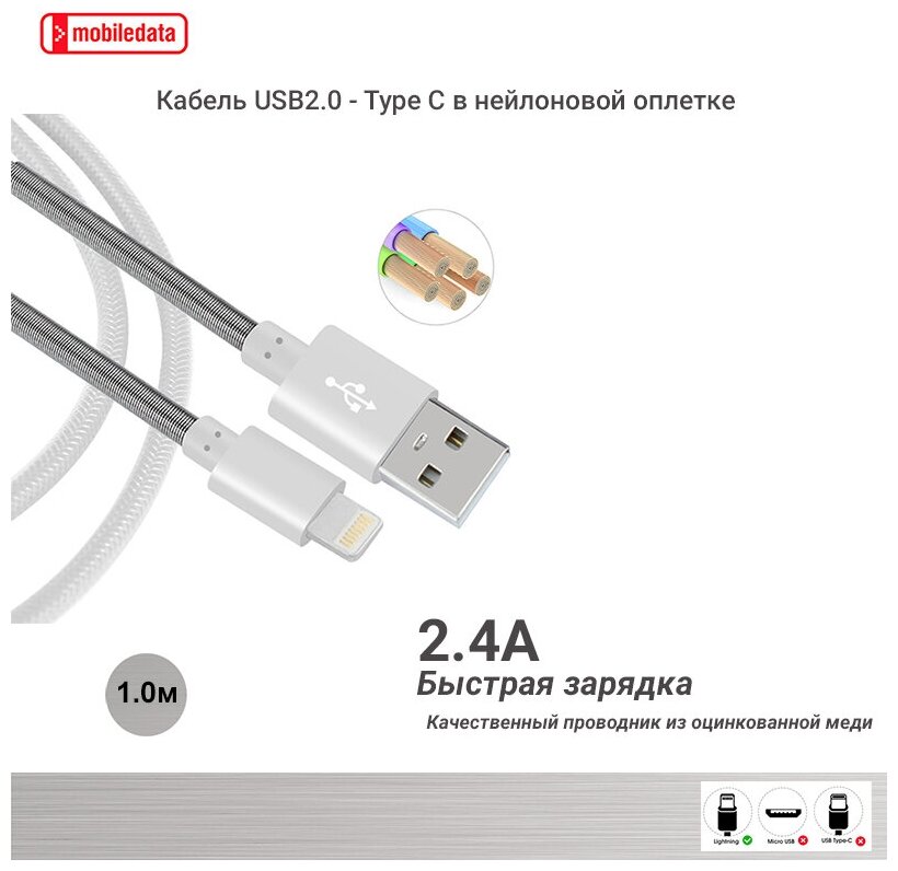 Кабель USB - Lightning в нейлоновой оплётке, 1.0 м, Mobiledata