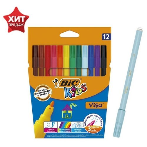 BIC Фломастеры 12 цветов BIC Kids Visa, детские, смываемые, тонкое письмо