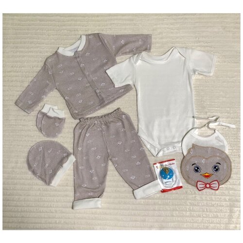 Комплект одежды   детский, рукавицы и кофта и боди и ползунки и нагрудник и шапка, повседневный стиль, без карманов, без капюшона, размер 0-3 мес, коричневый