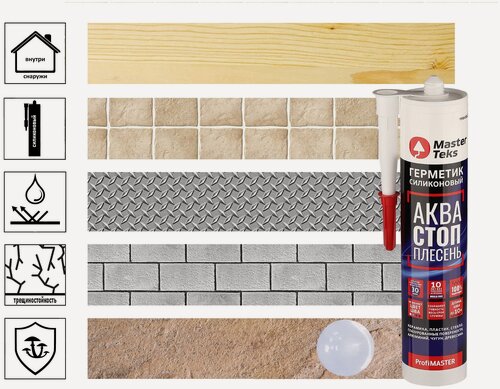 Изображение товара Герметик MasterTeks PM силиконовый, аквастопплесень, прозрачный, 280 мл