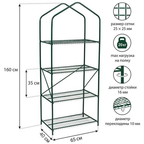 Весна Парник-стеллаж, 4 полки, 160 × 65 × 40 см, металлический каркас d = 16 мм, чехол плёнка 100 мкм