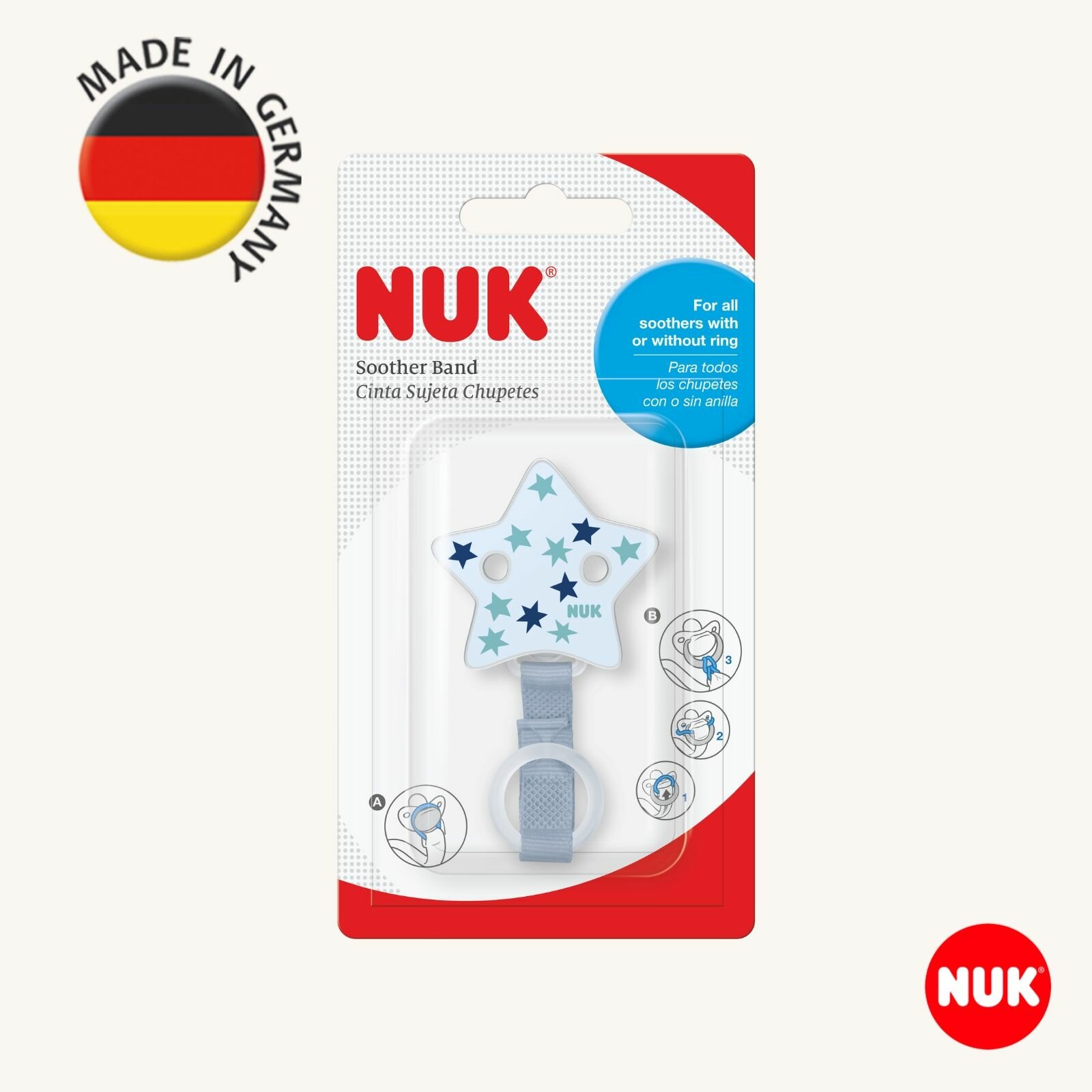 NUK Ленточка-держатель для соски-пустышки с клипсой, голубая, Германия — фото 1