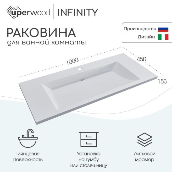 Uperwood Раковина для ванной Infinity 100х45х15,3 см, белая глянцевая