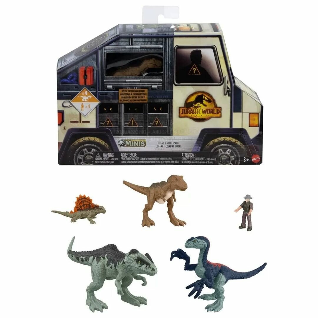 Игровой набор Mattel Jurassic World Dominion Total, состоящий из 5 минифигурок, 1 человека и 4 динозавров, в тематической упаковке в виде грузовика