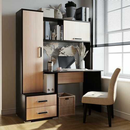 Стол компьютерный, с надстройкой, с ящиками, ЛДСП, венге/дуб молочный, 140*171*55 см, Квартет-9