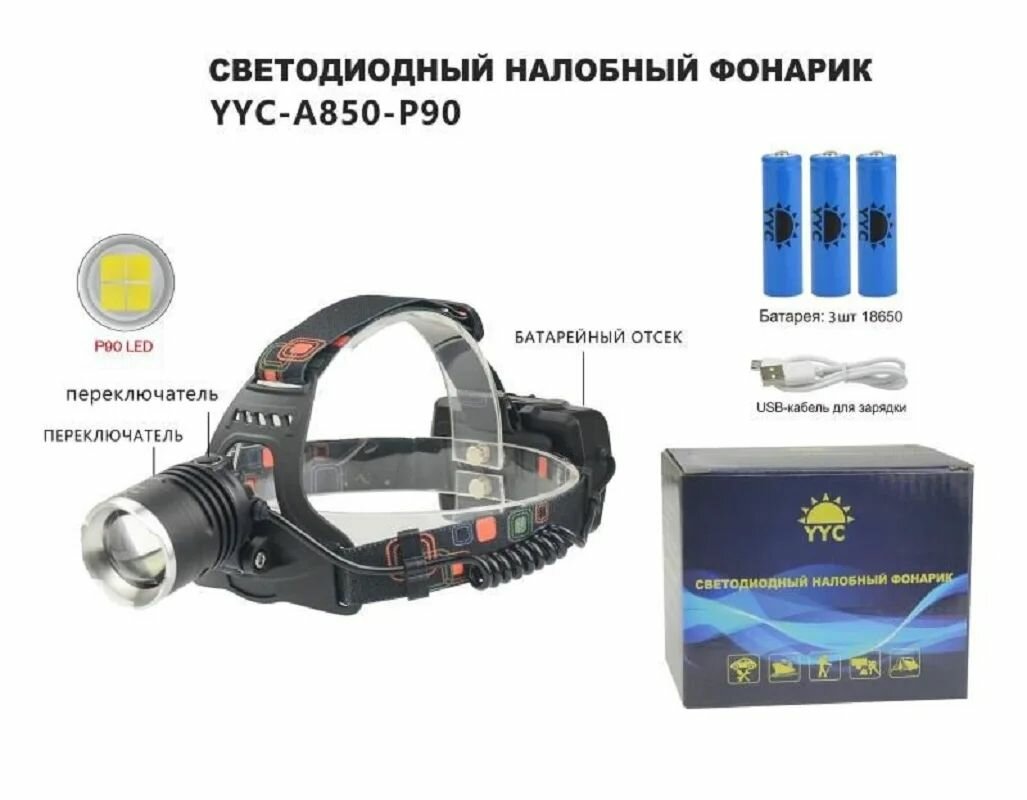 Фонарь налобный аккумуляторный, лазерный светодиодный, бытовой, LED с зарядкой, с функцией powerbank, модель OS-A850-P90