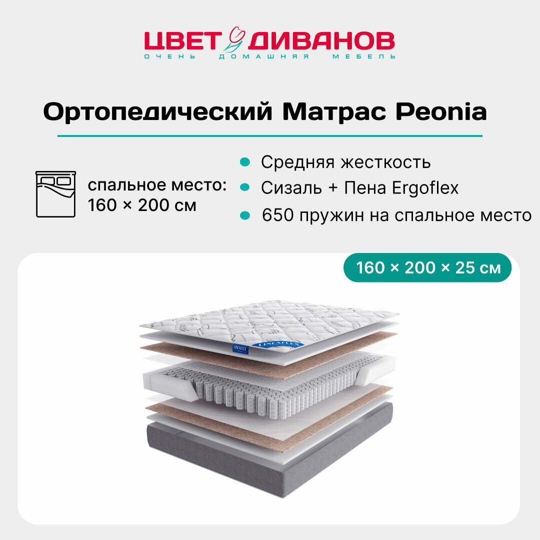 Матрас Lineaflex Peonia 160x200х25см, ортопедический, независимые пружины, средней жесткости