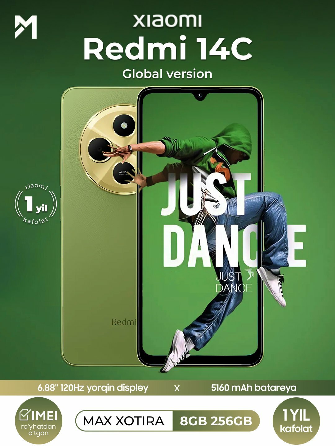 Смартфон Xiaomi Redmi 14C 8/256 ГБ Green, экран 6.88", камера AI 50 Мп