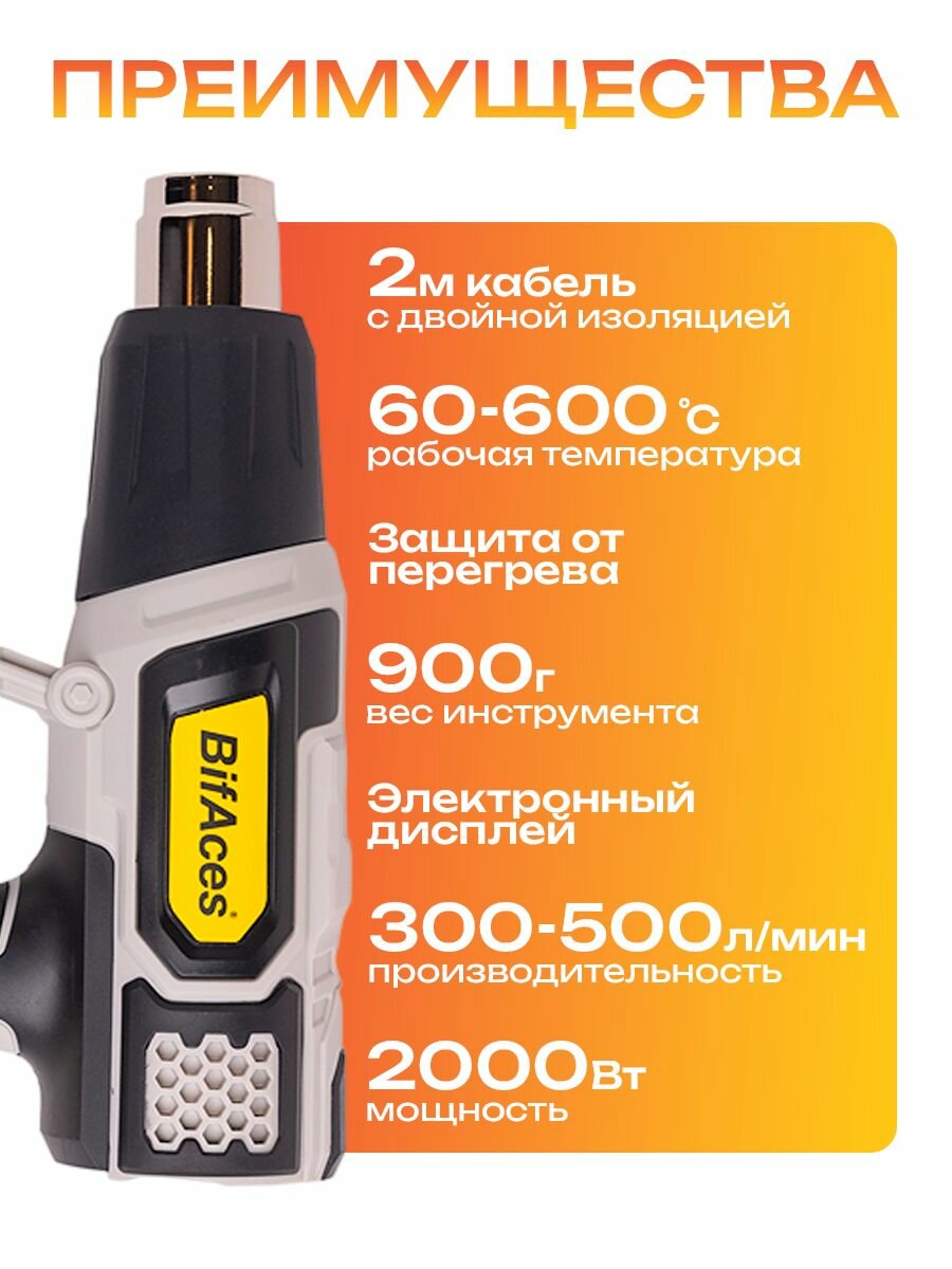 Фен строительный Bifaces AHG-2000-D, ЖК-дисплей, 2000 Ватт, 60-600 градусов, 4 насадки — фото 1