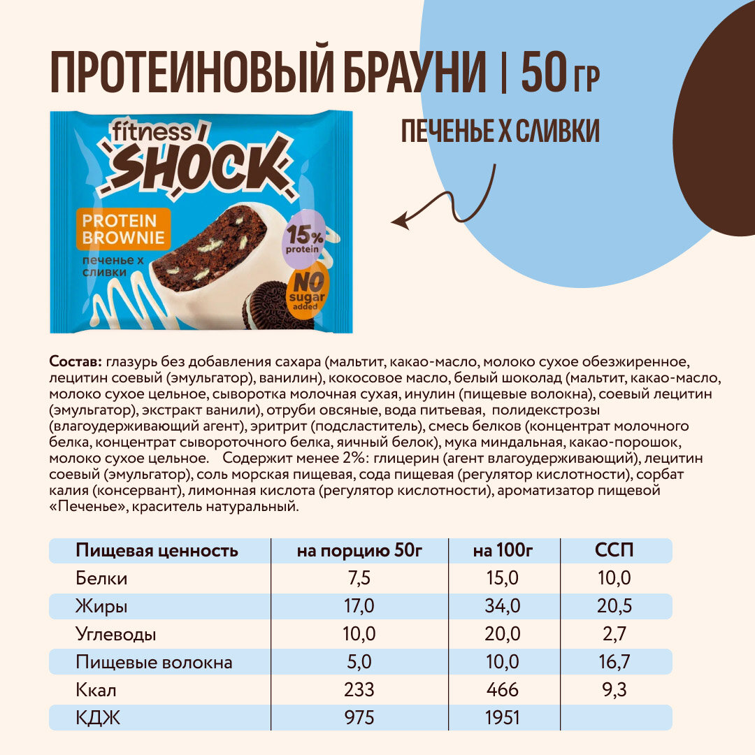 Протеиновое печенье без сахара брауни FitnesSHOCK Ассорти «All for SHOCK» , 10 вкусов 50гр, 30 шт — фото 1