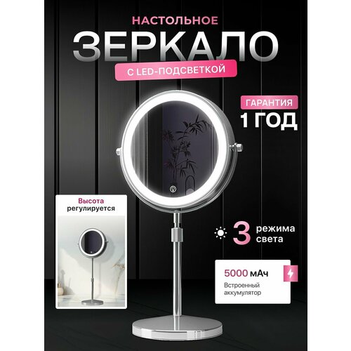 Зеркало настольное с подсветкой Mime, увеличение 10х, серое, диаметр 20 см