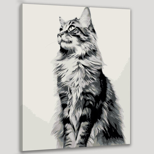 Изображение товара Картина по номерам 40x50 см, кошка, мейн-кун, уголь, детальный, динамичная поза, размер, сила, глубина, объемный мех
