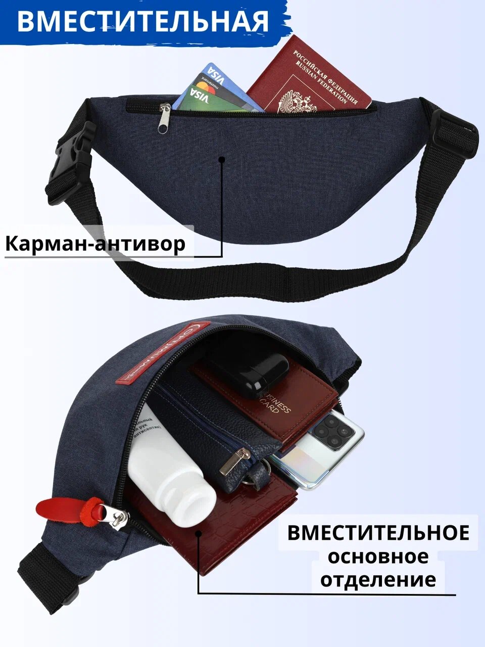 Сумка поясная Optimum Crew, фактура матовая, синяя — фото 1